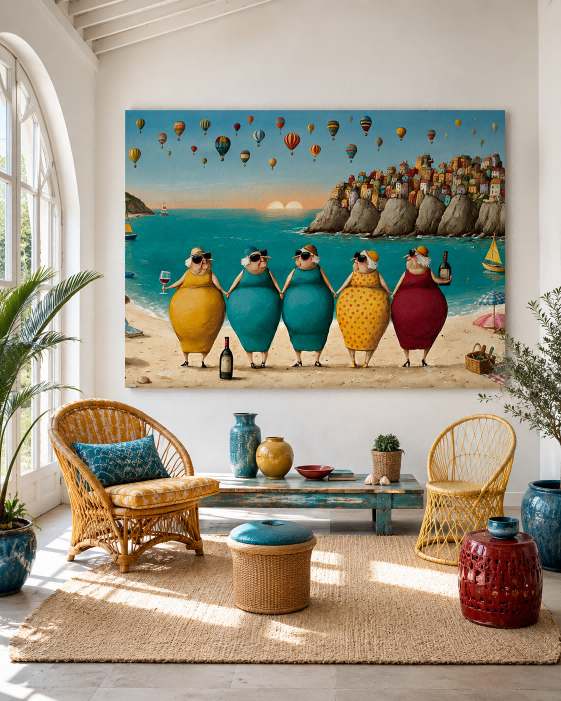 Colorful Modern Pop Art Of Women On Beach With Vibrant Sunset Views