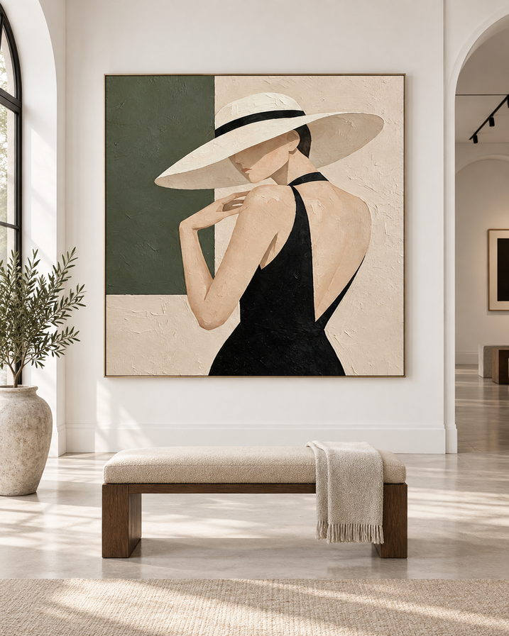 Minimalist Vintage Style Canvas Art Textured Abstract Lady Portrait With Olive And Cream Colors