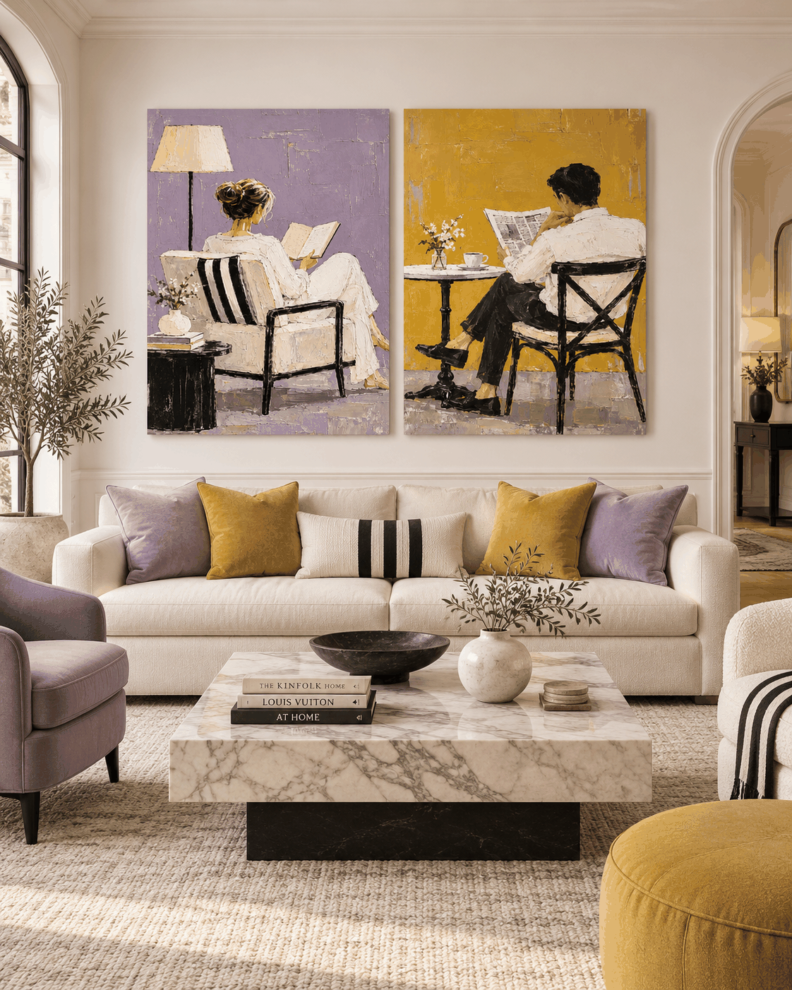 Hand-Painted Couple Reading Diptych Modern Wall Art Purple Yellow