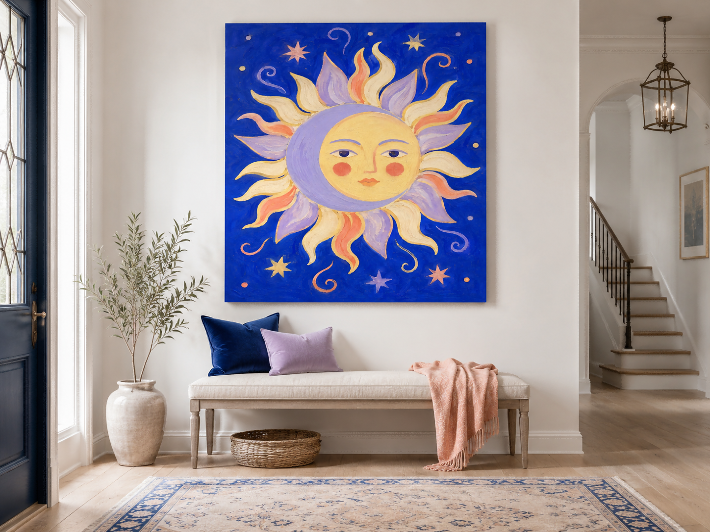 Art Deco Inspired Fantasy Sun Moon Painting With Cosmic Theme