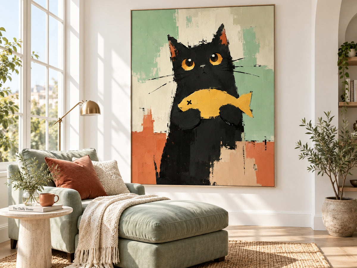 Minimalist Textured Cat Portrait Oil Painting Modern Abstract Home Decor
