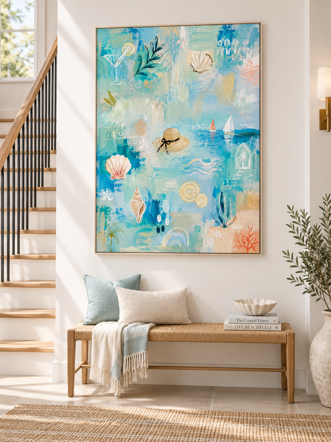 Seaside Abstract Canvas Painting With Shells And Sailboats For Beach Decor