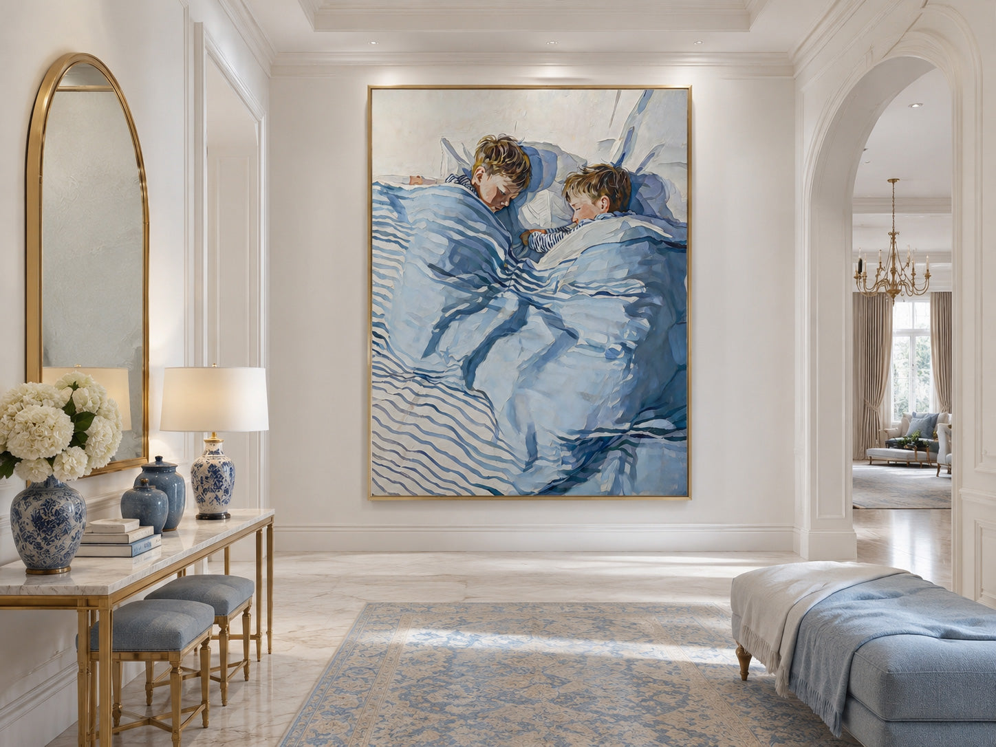 Original Sleeping Children Artwork Soft Blue Linen Texture For Kids Nursery