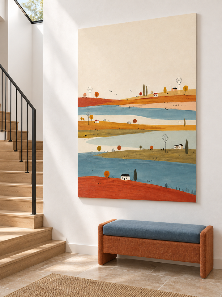 Naive Art Style Oil Painting Creamy Beige And Rustic Autumn Landscape Canvas