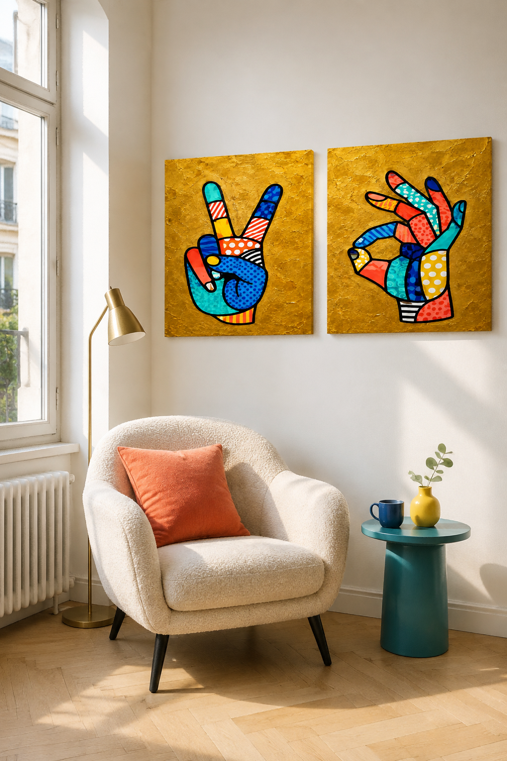 Pop Art Hand Gestures Canvas Painting Set With Gold Background