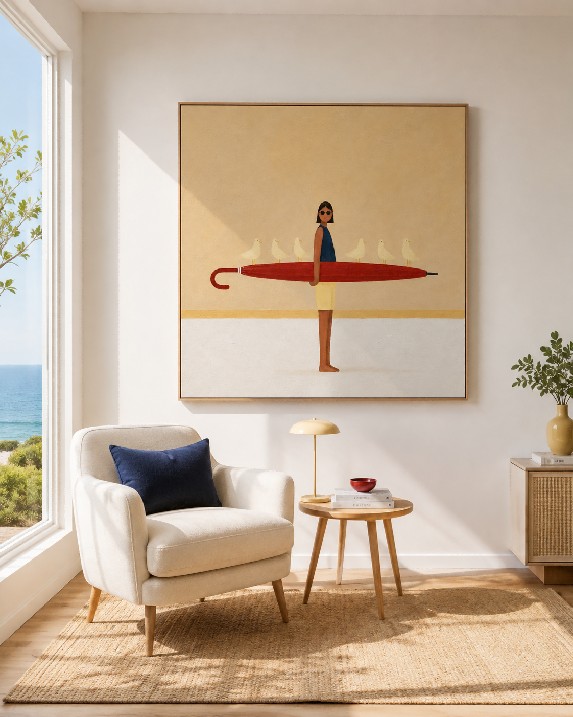Woman With Red Umbrella And Birds Hand-Painted Canvas Art Abstract Figurative Painting With Playful Modern Aesthetic