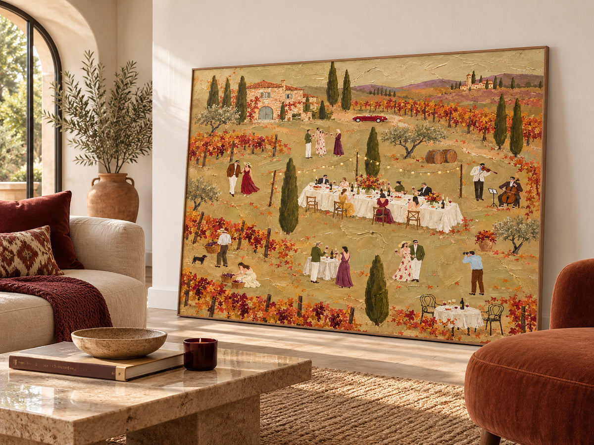 Tuscan Vineyard Dinner Party Hand-Painted Canvas Wall Art In Warm Autumn Colors
