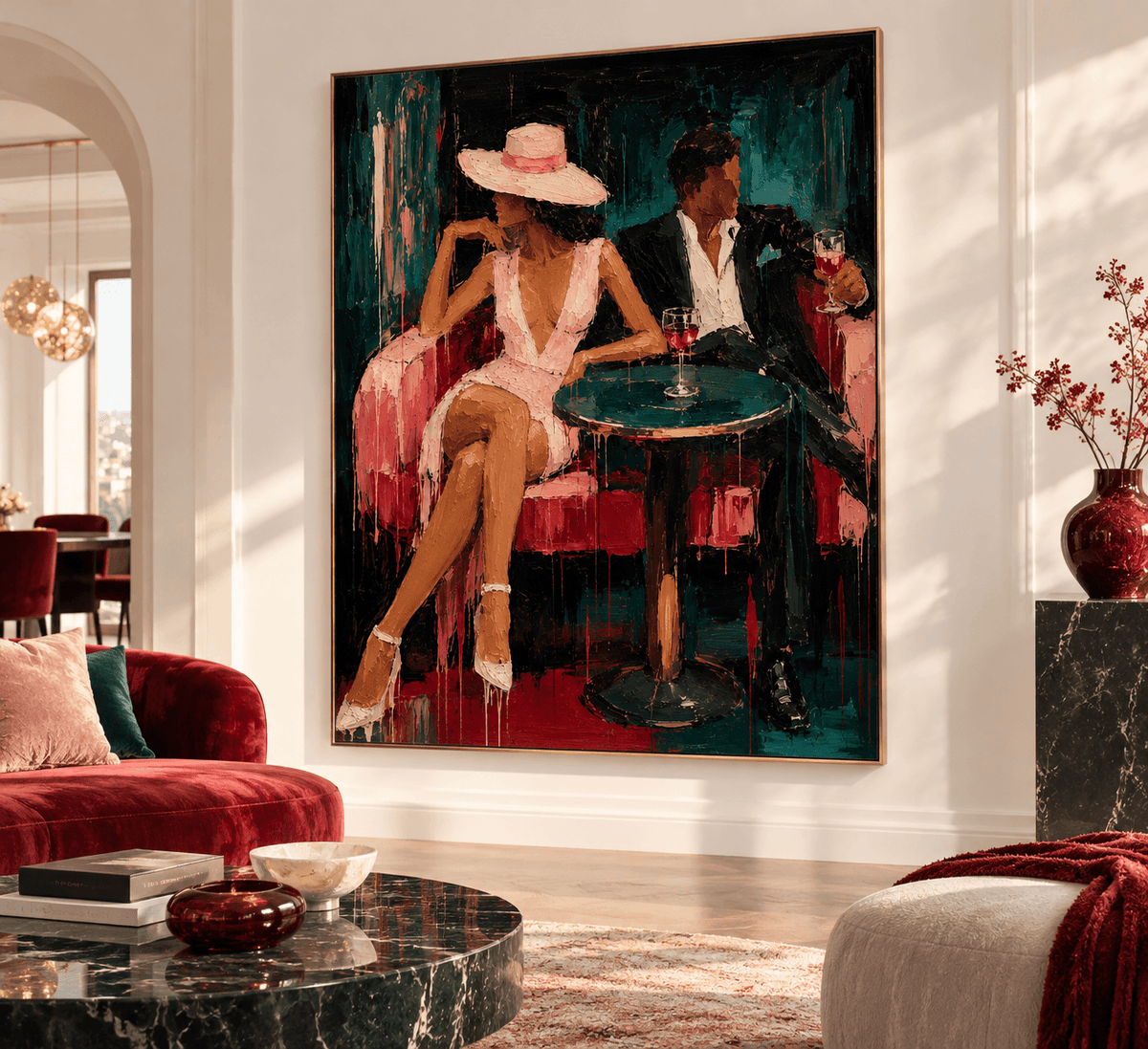 Modern Textured Oil Painting Of Elegant Man And Woman In Retro Style