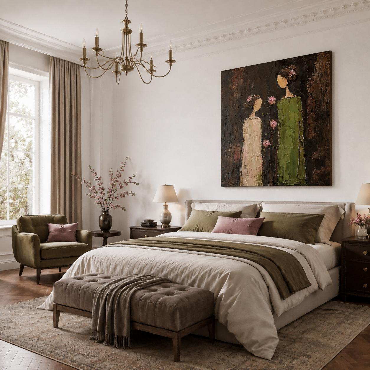 Minimalist Vintage Women Painting With Pink Flowers In Square Canvas Art For Living Room Decor