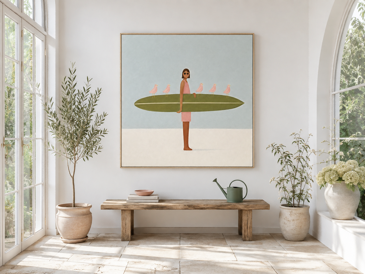 Hand-Painted Surfboard Girl With Birds Abstract Canvas Art In Green And Pink
