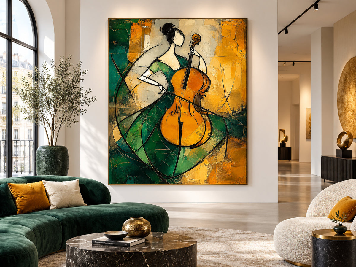 Cubist Style Minimalist Oil Painting With Textured Emerald And Gold Tones