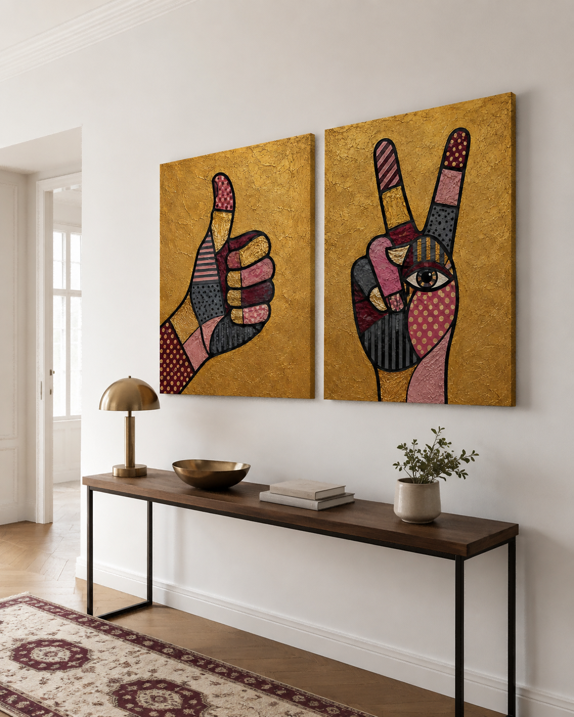 Hand-Painted Pop Art Hand Gestures Canvas Painting Set With Gold Background Eclectic Pop Art Canvas Set Pink Black Geometric Patterns On Gold