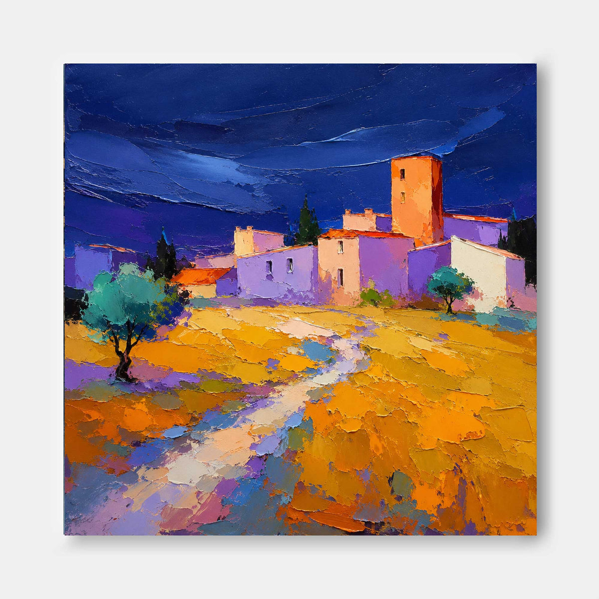Impressionist Style Textured Canvas Painting With High Saturation Blue And Yellow Colors