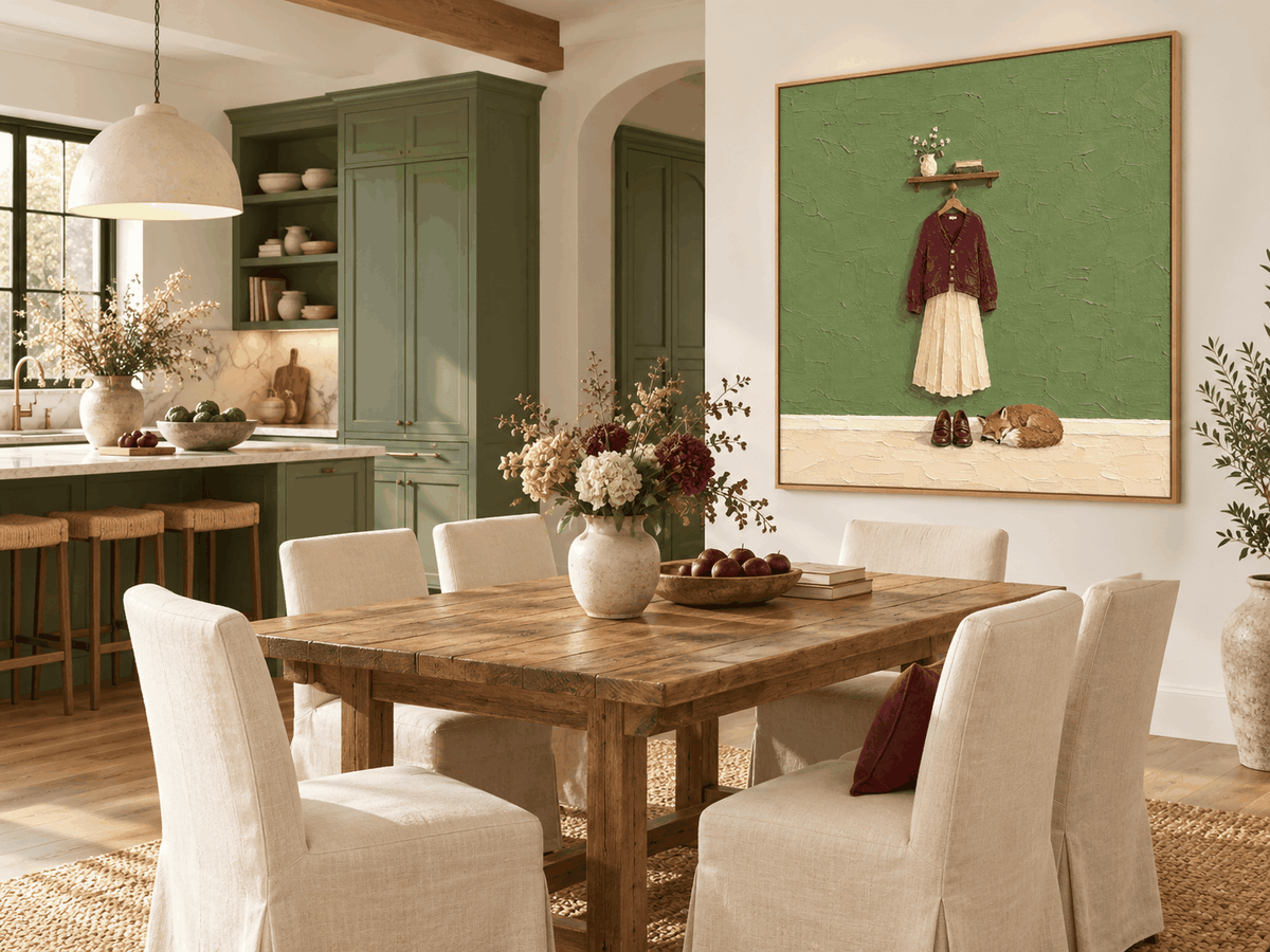 Sleeping Fox And Burgundy Cardigan Hand-Painted Canvas Art With Green Textured Background