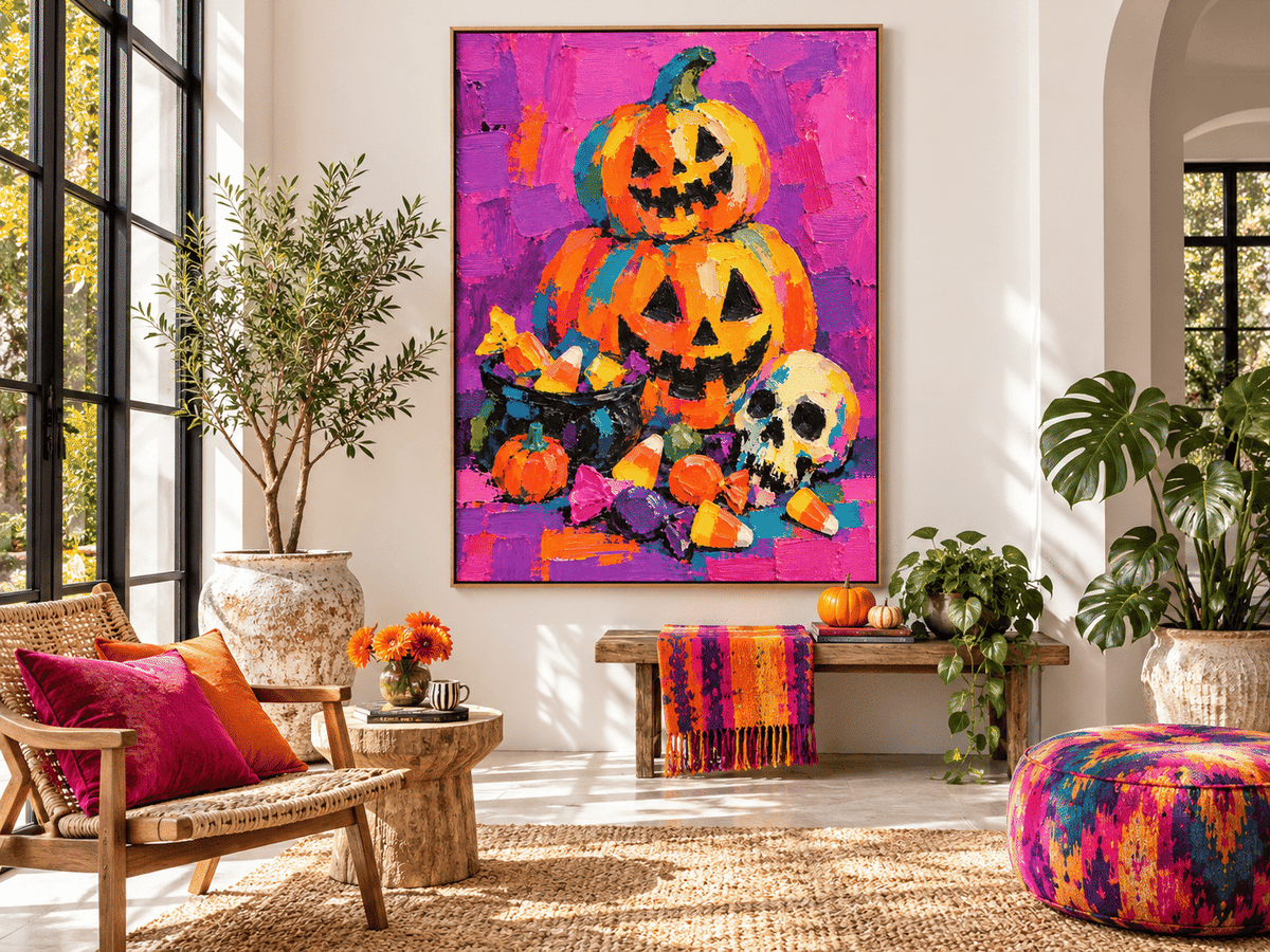 Hand-Painted Halloween Pumpkin And Skull Canvas Art With Candy