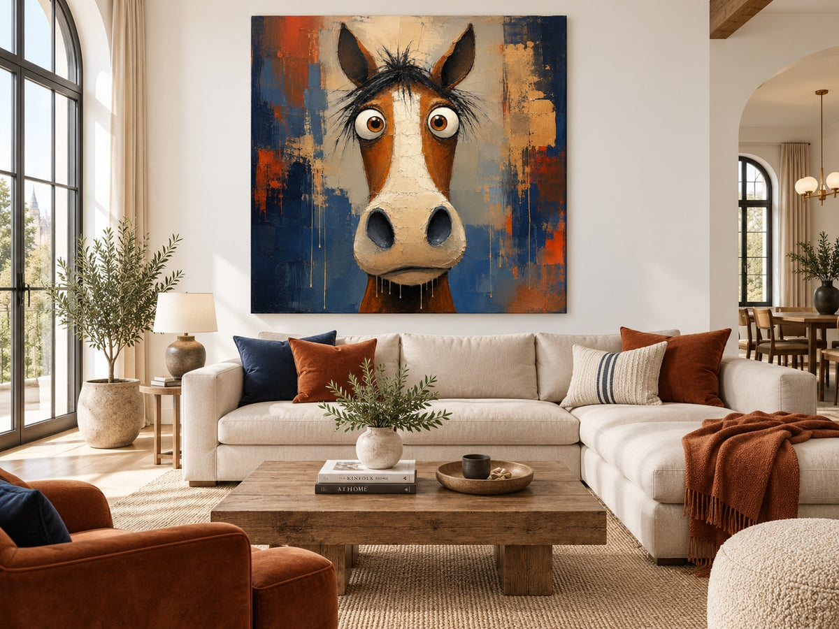 Abstract Pop Art Horse Painting With Textured Orange And Blue Tones