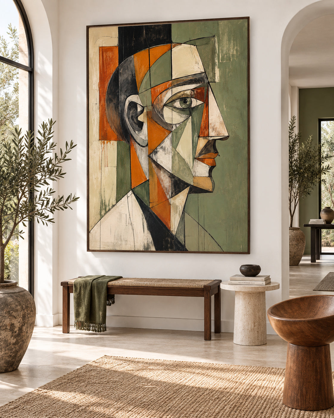 Picasso Style Cubism Artwork Textured Oil Painting Green And Orange Tones