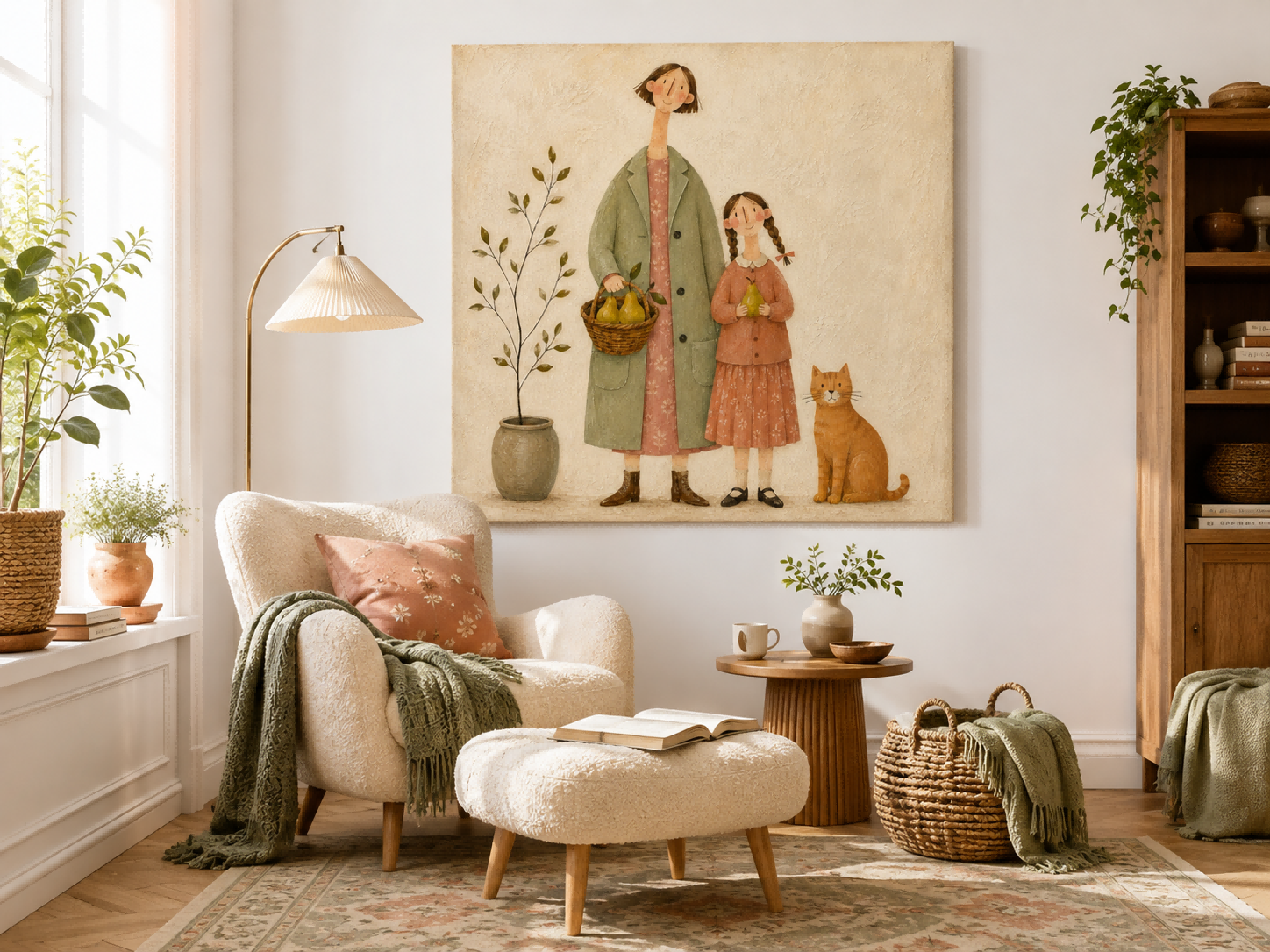 Charming Naive Art Painting Of Family With Cat In Vintage Style For Living Room Decor