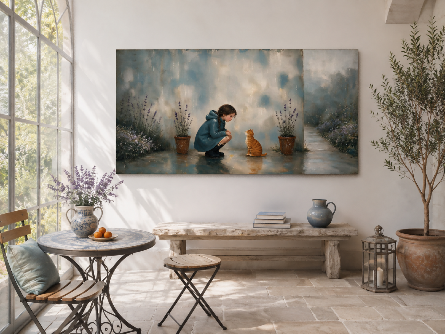 Serene Outdoor Path Artwork With Orange Cat And Purple Flowers For Lounge Decor