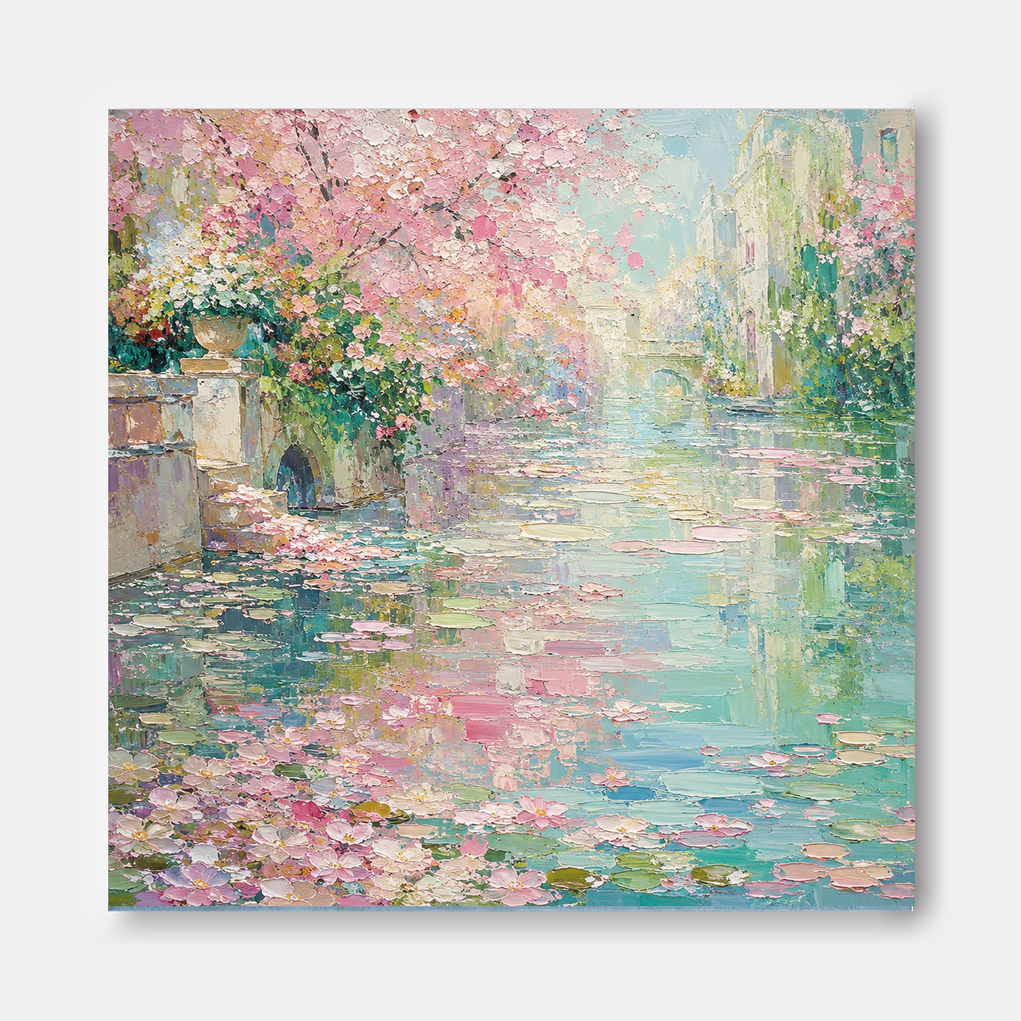 Modern Impressionist Style Pink And Green Textured Wall Art With Flowers
