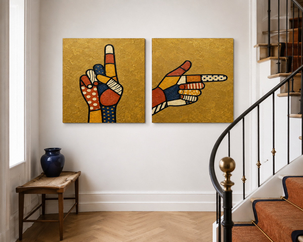 Hand-Painted Pop Art Hands Canvas Painting With Gold Background And Patterns