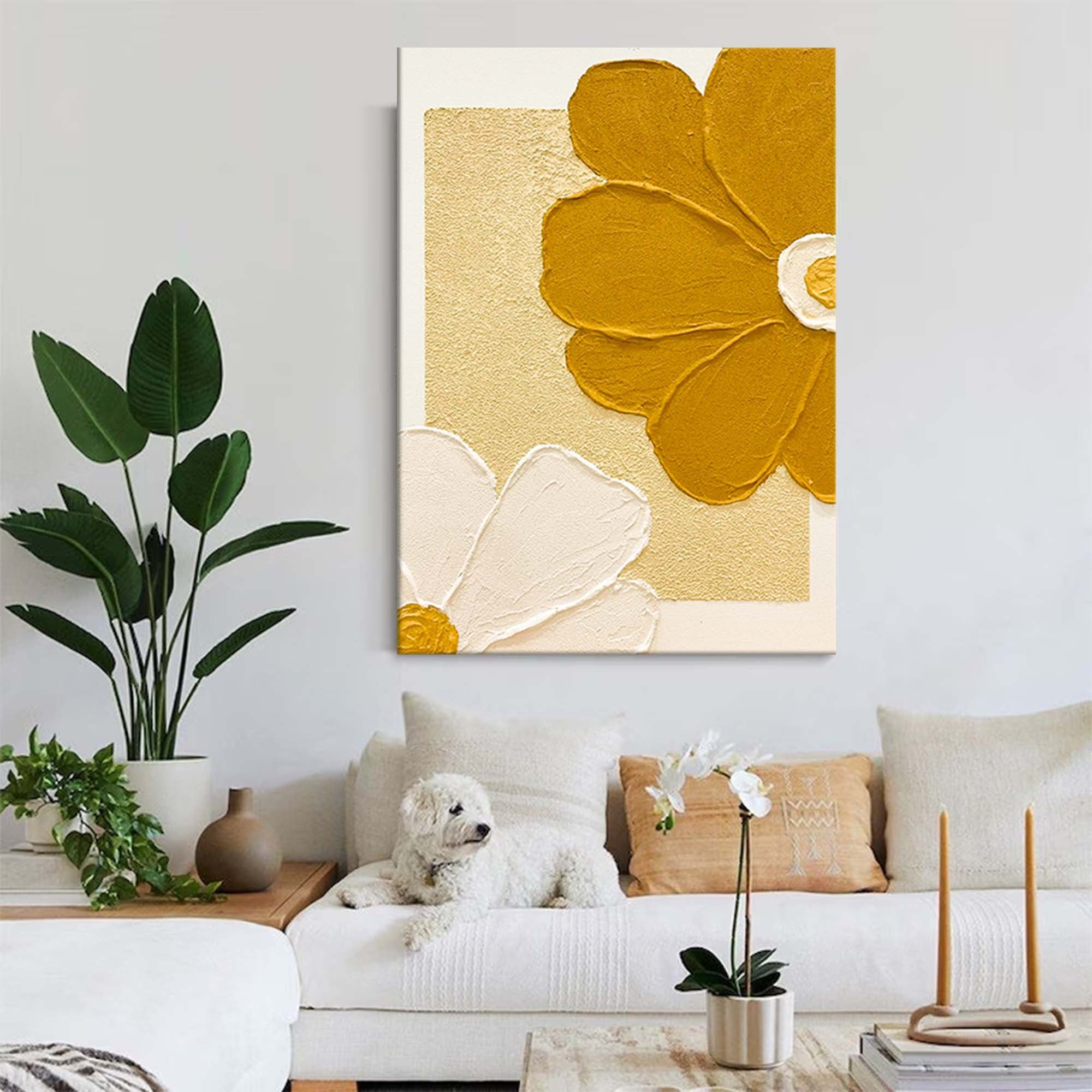 Large Texture Gold Flowers Acrylic Painting On Canvas Original Gold Flowers Wall Art Modern Minimalist Oil Painting Living Room Home Decor