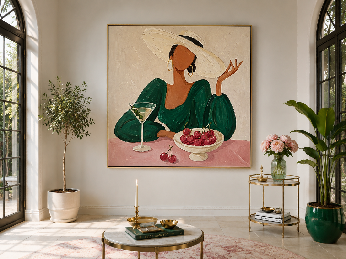 Stylish Female Figure Oil Painting With Martini Glass Ideal For Boutique Lounge And Bar Area Decoration