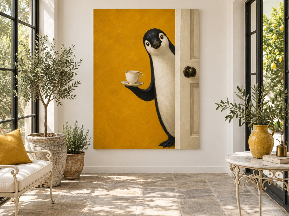 Hand-Painted Penguin With Tea Cup Modern Animal Canvas Art