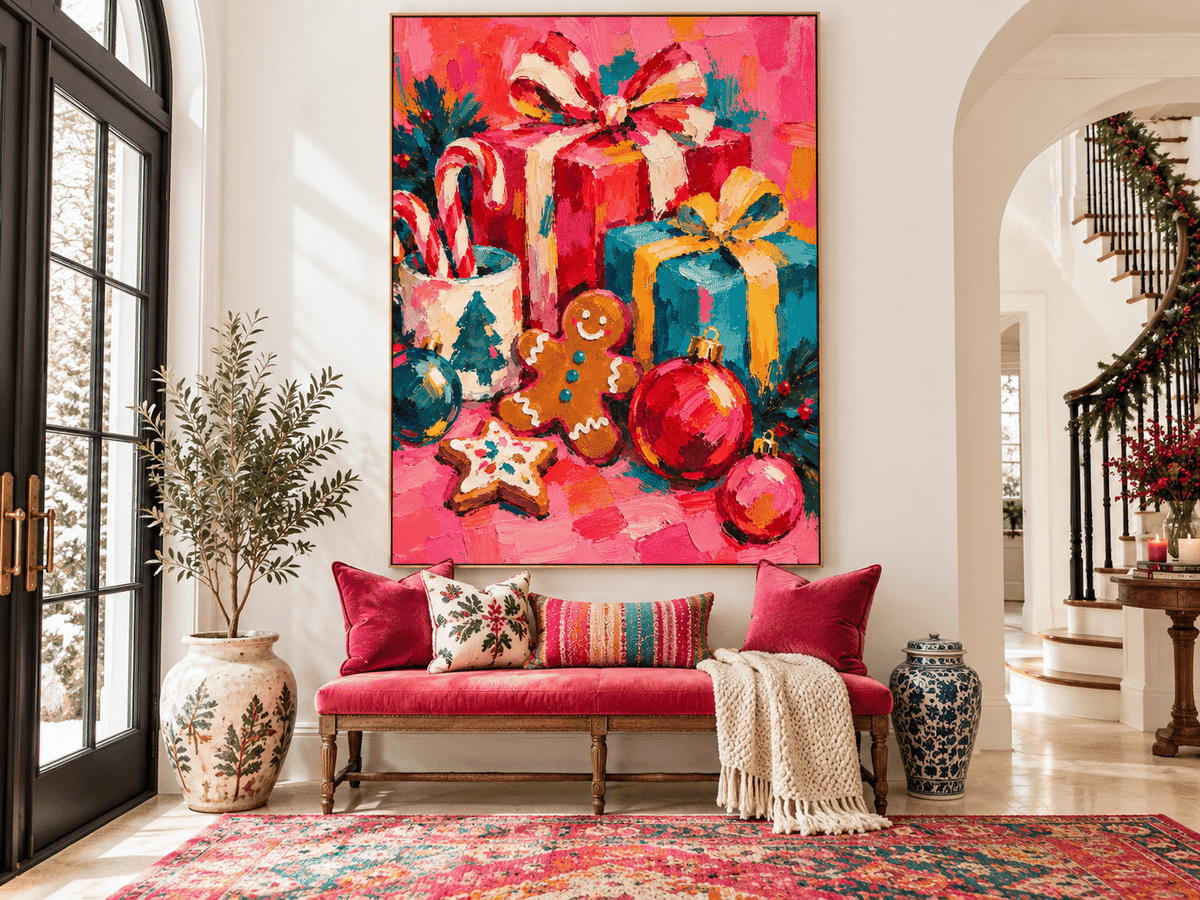 Abstract Vintage Holiday Painting With High Saturation Magenta And Teal Tones