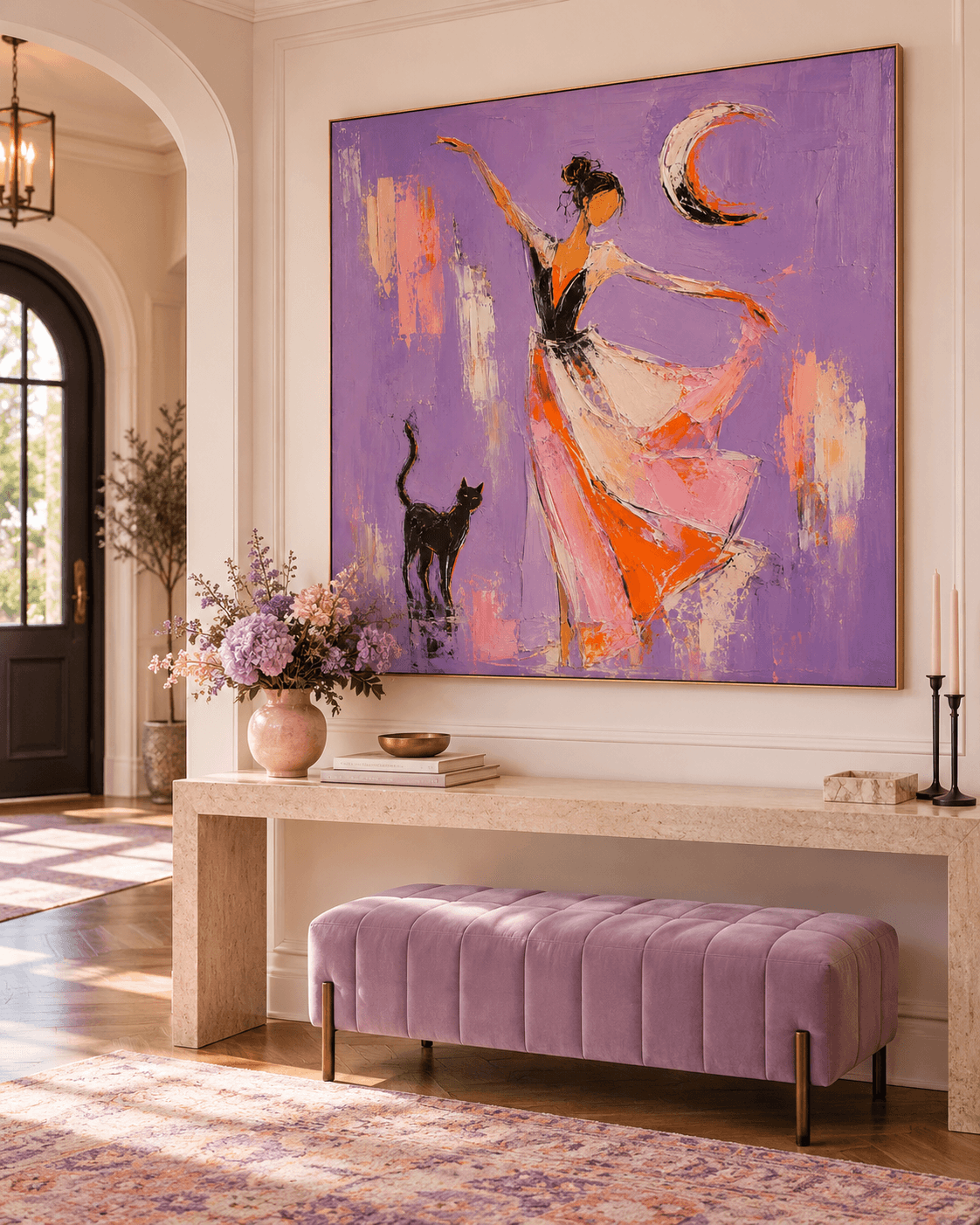 Dancing Woman With Black Cat Moon Abstract Canvas Painting