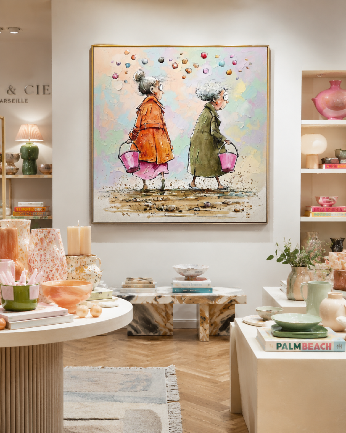 Square Wall Art For Living Room Featuring Whimsical Beach Scene With Two Ladies