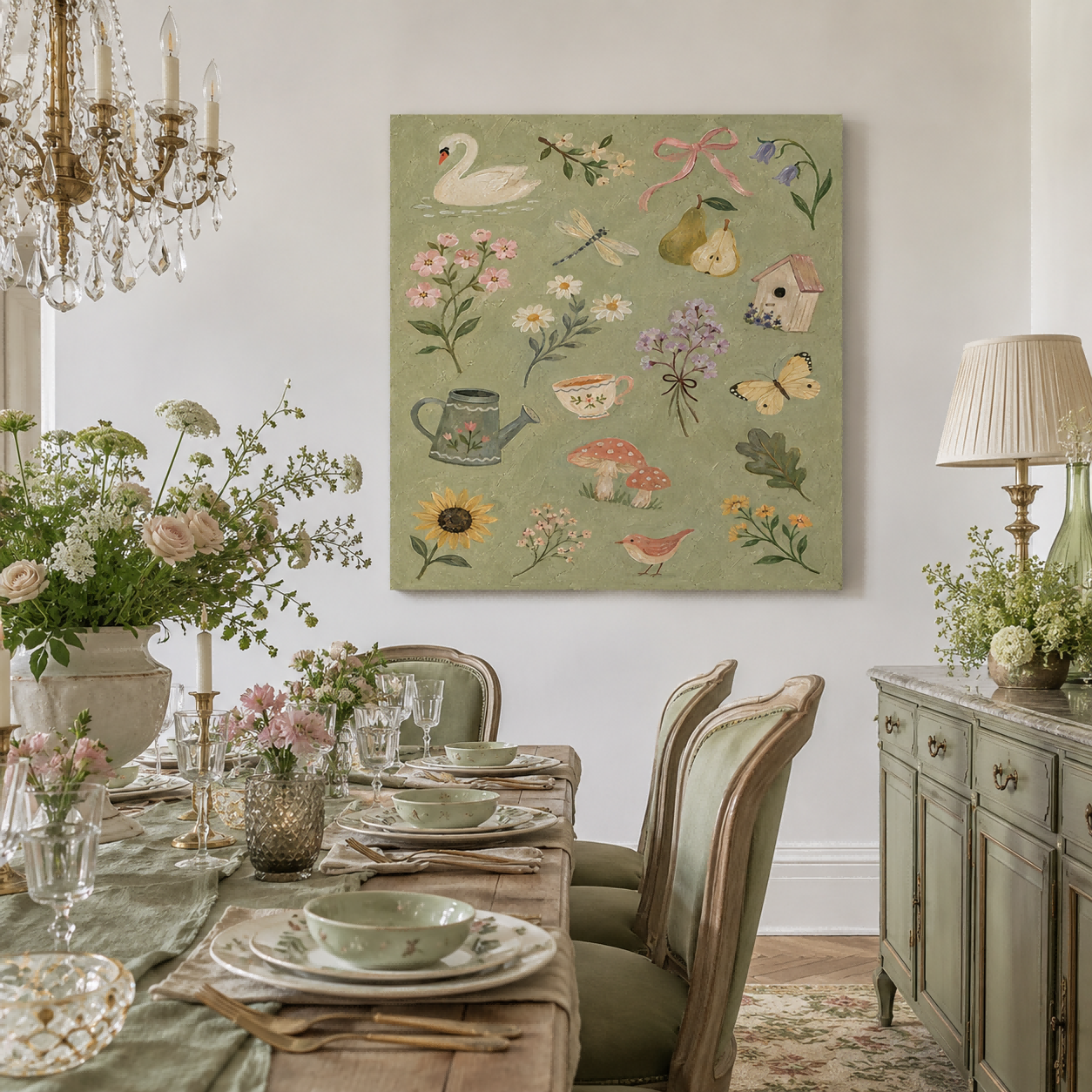 Square Canvas Wall Art Featuring Whimsical Garden Elements In Retro Style