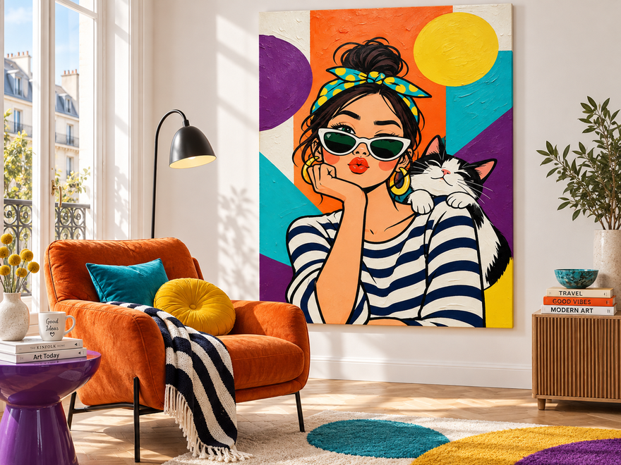 Retro Pop Art Canvas Painting Geometric Bright Colors Original
