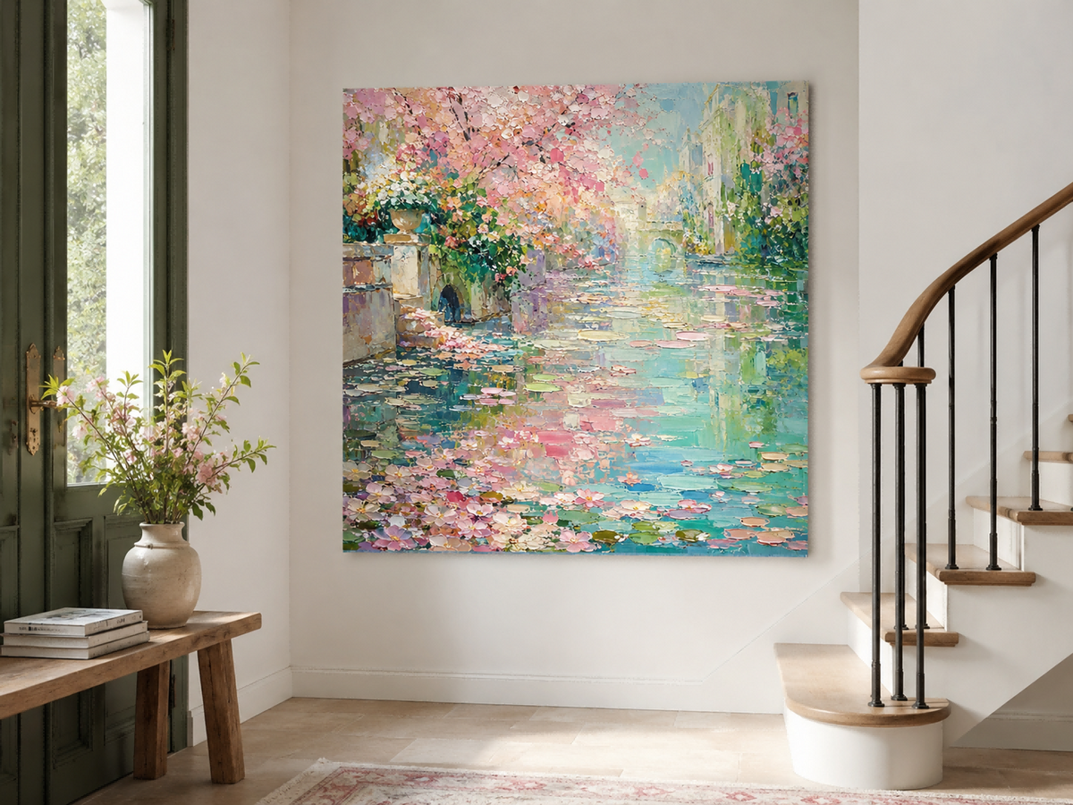 Modern Impressionist Style Pink And Green Textured Wall Art With Flowers