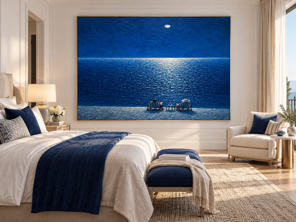 Moonlit Beach Couple Hand-Painted Canvas Art Deep Blue Sea