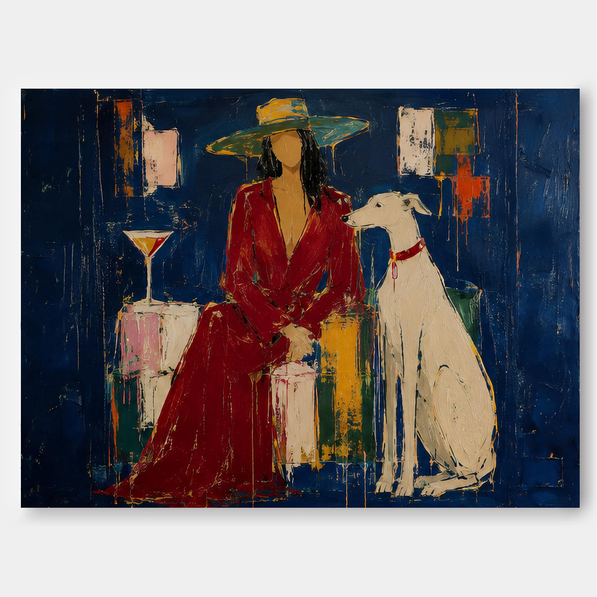 Modern Textured Art Abstract Portrait Of Lady With Dog In Blue