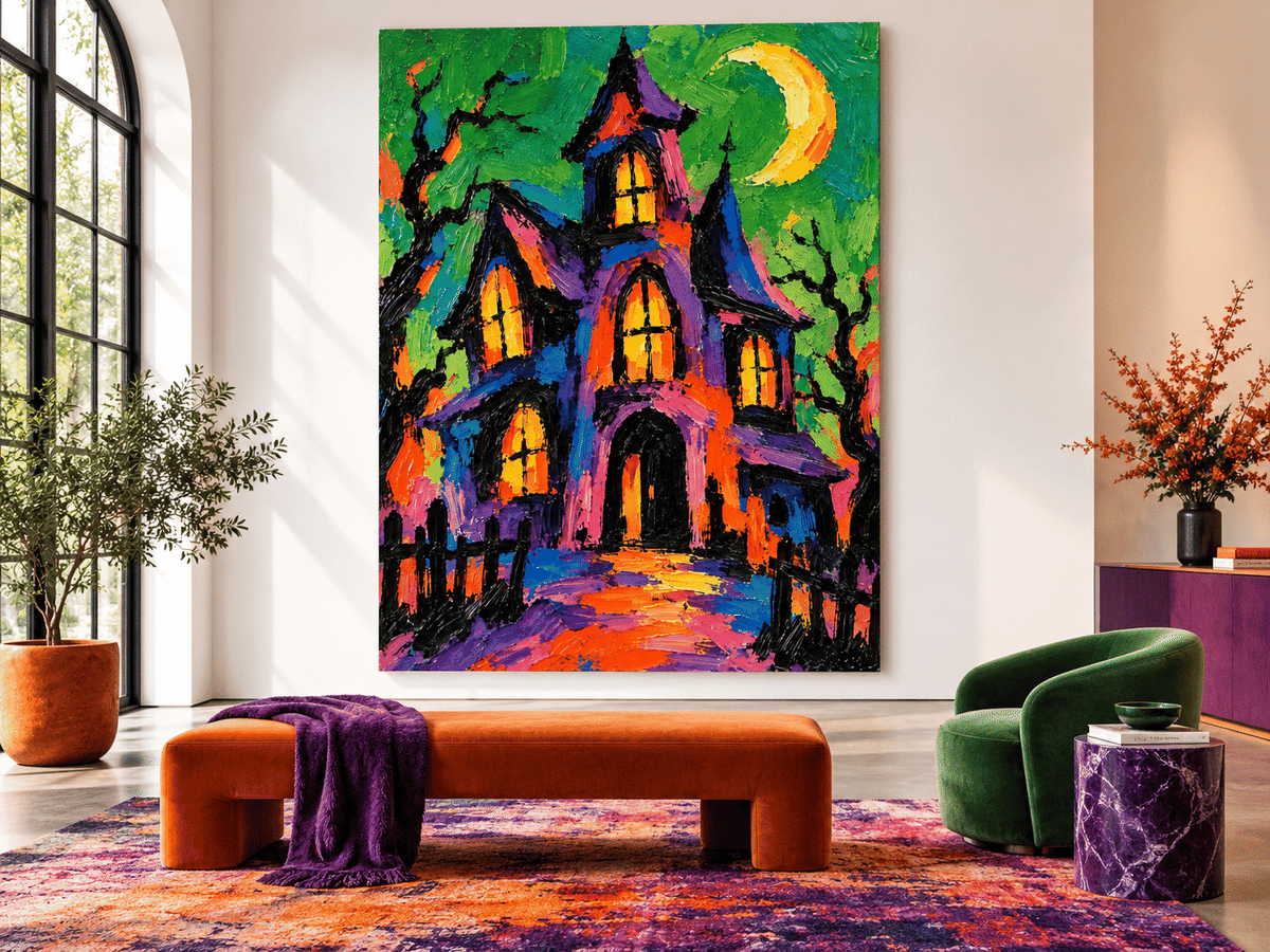 Haunted Manor Painting With Moon Hand-Painted Canvas Art In Purple And Orange Modern Halloween Wall Art