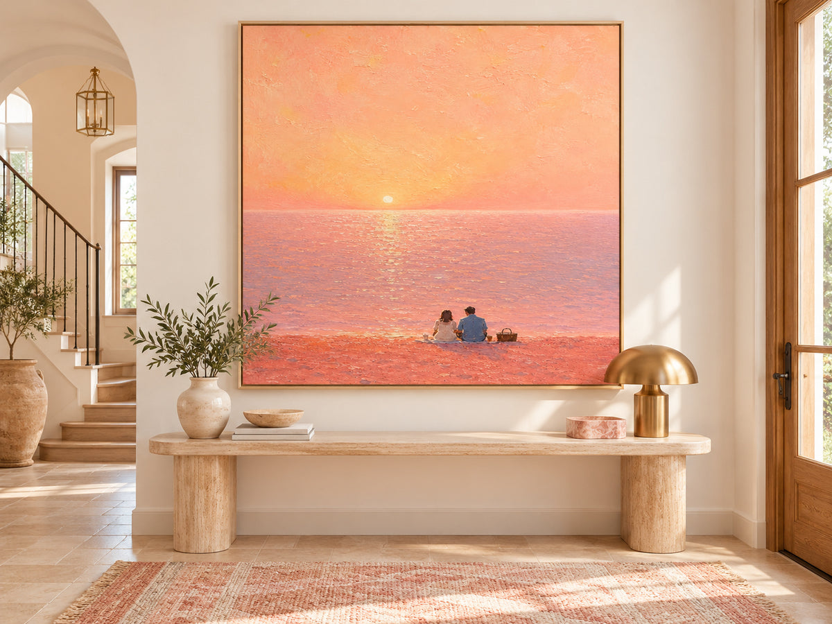 Romantic Couple Sunset Beach Hand-Painted Canvas Art In Pink And Gold Tones