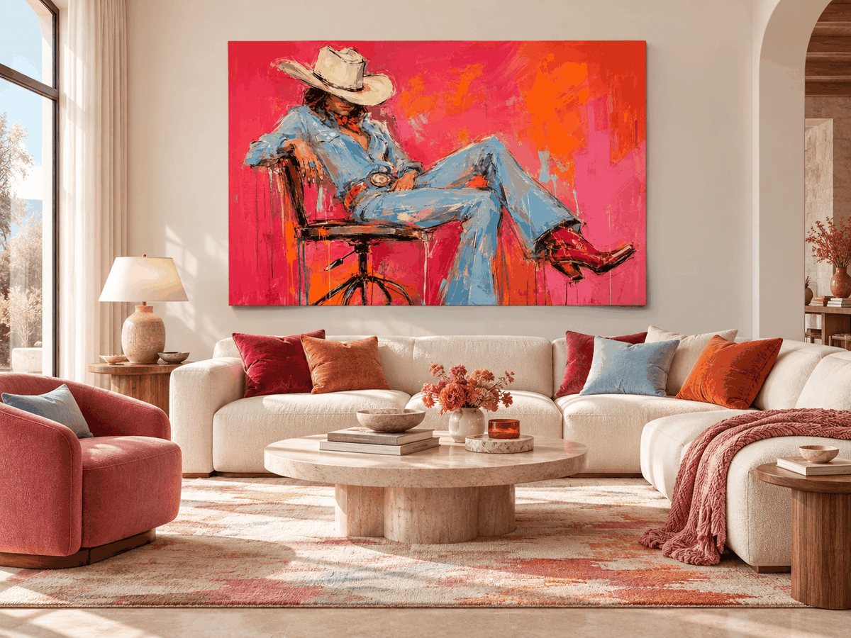 Vintage Modern Textured Art With High-Contrast Colors And Western Theme