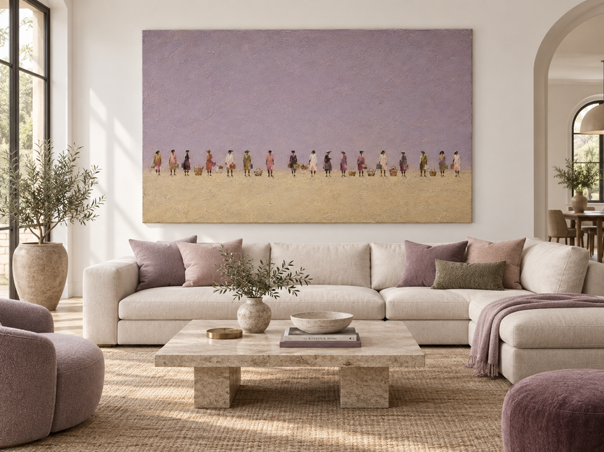 Hand-Painted Women With Baskets Minimalist Canvas Art In Purple And Beige