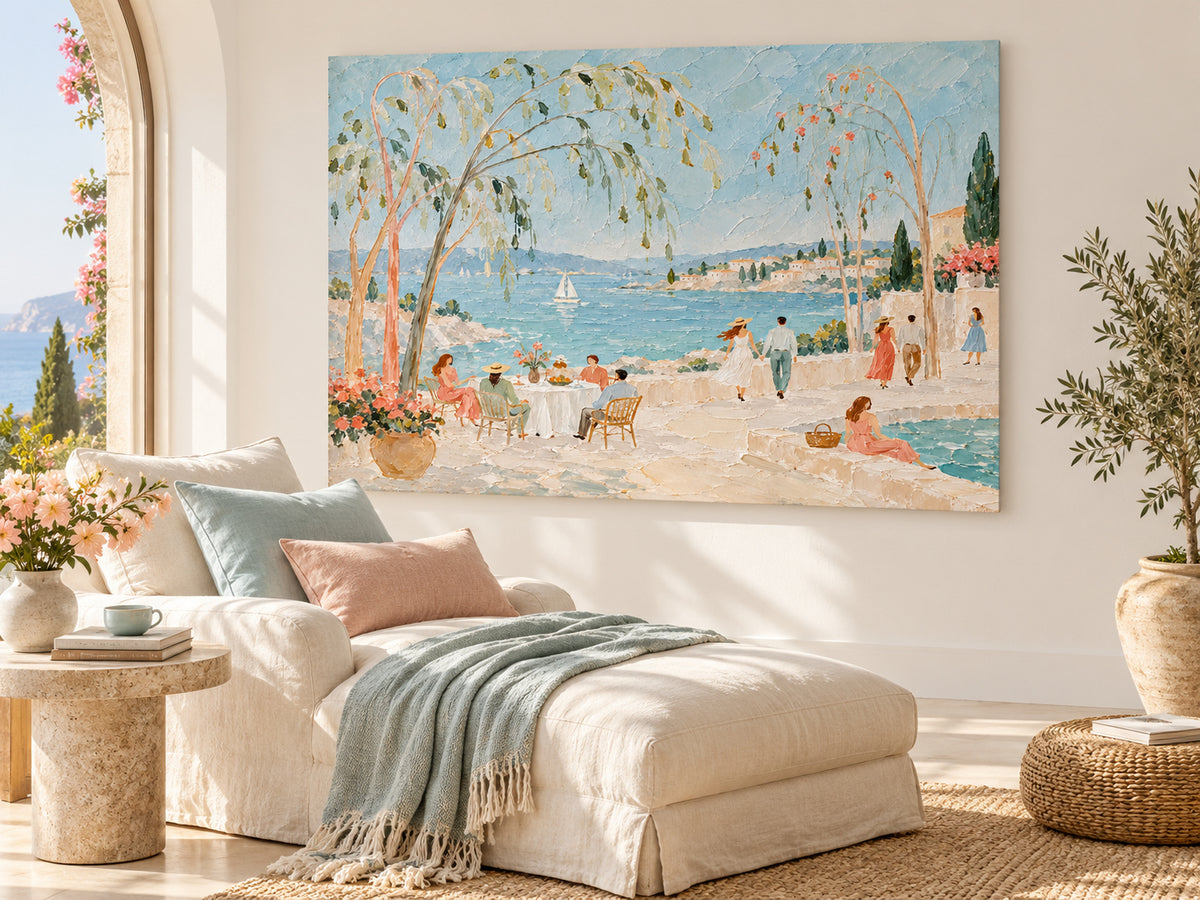 Hand-Painted Mediterranean Sea View With Sailboats And Terrace Gathering Canvas Art