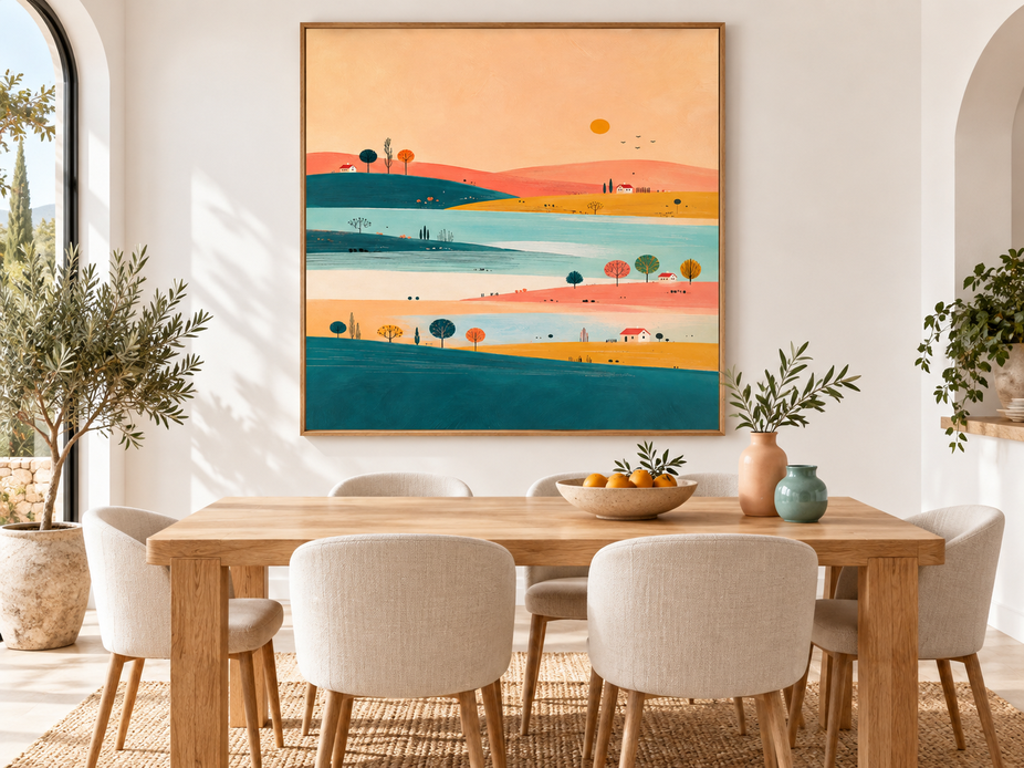 Hand-Painted Minimalist Landscape Canvas Art With Sunset Hills