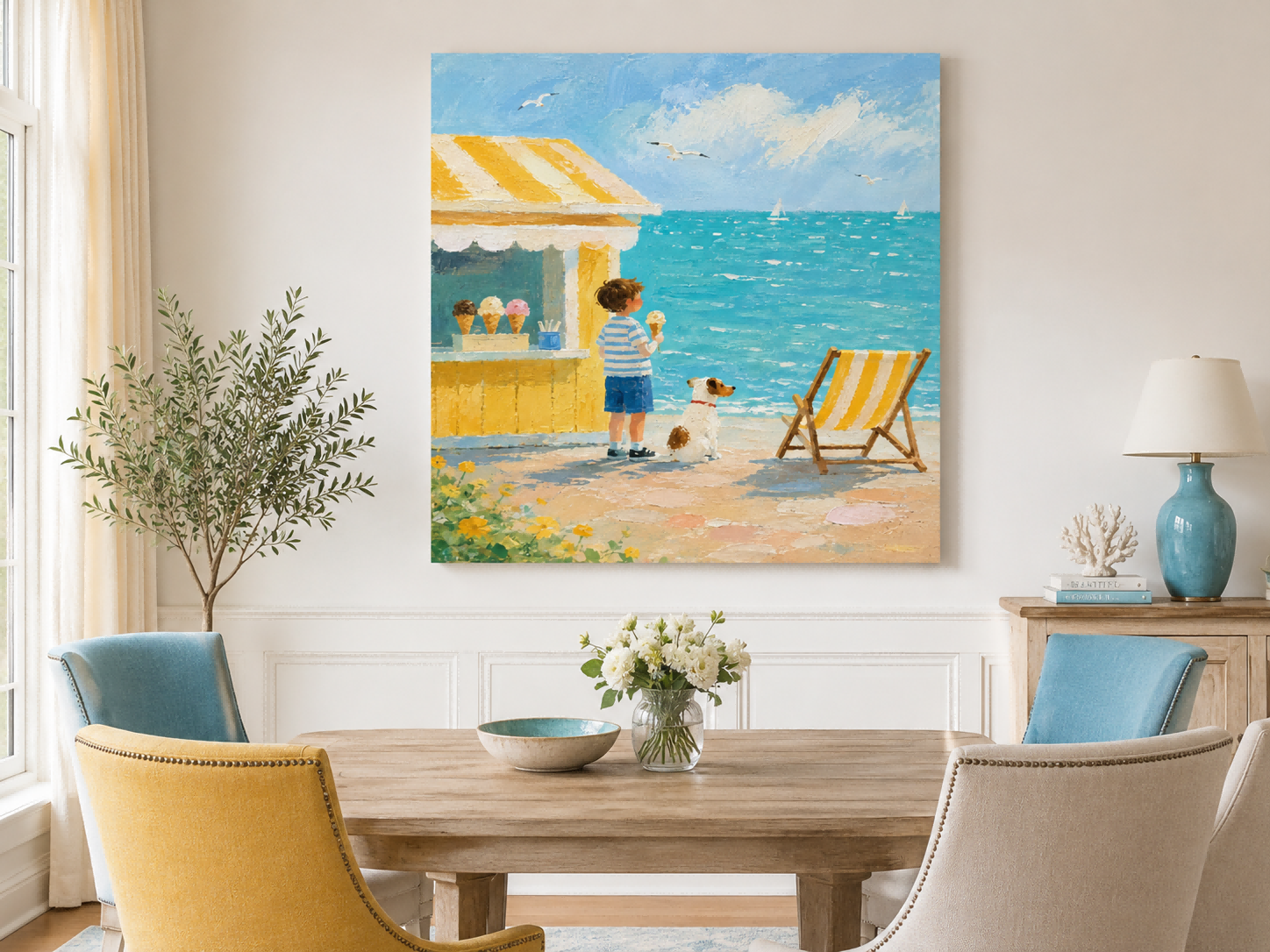 Cheerful Beach Scene Canvas Painting For Coastal Living Room Decor