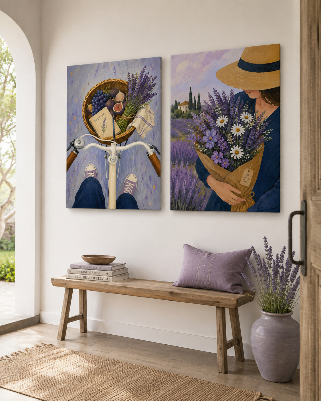 Lavender Field And Bicycle Hand-Painted Canvas Art Set With Figs