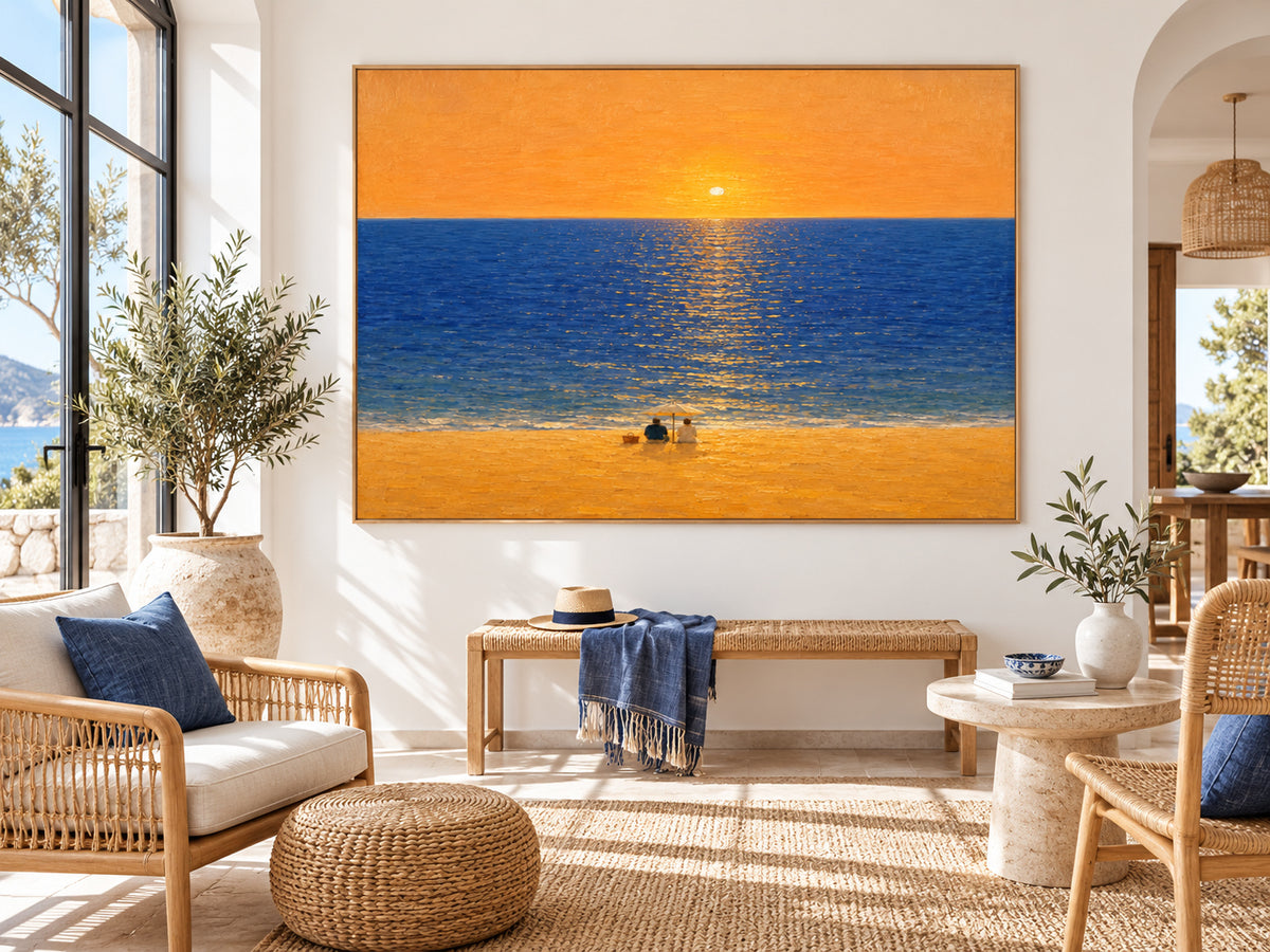Romantic Sunset Beach Couple Hand-Painted Canvas Wall Art With Orange Sky