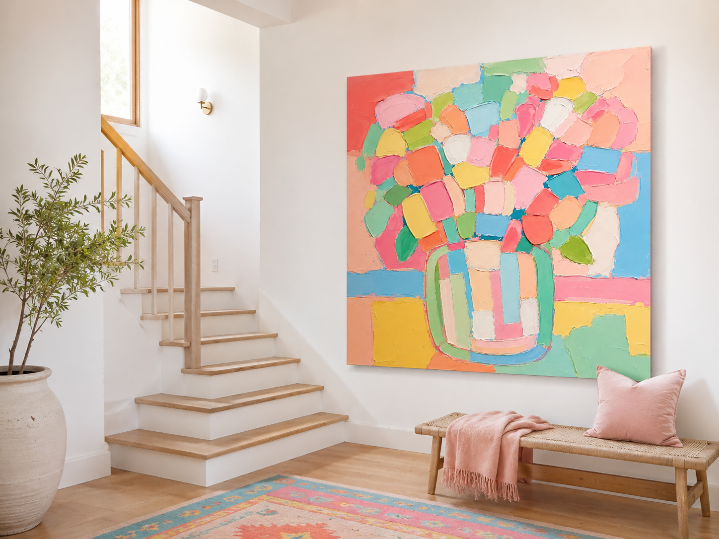 Abstract Floral Still Life Canvas Painting With Macaron Colors And Impasto Texture Contemporary Collage Style Oil Painting With Textured Geometric Flower Patterns