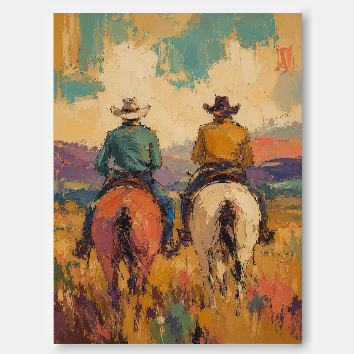 Cowboy And Horse Canvas Painting Hand-Painted Western Art With Warm Tones
