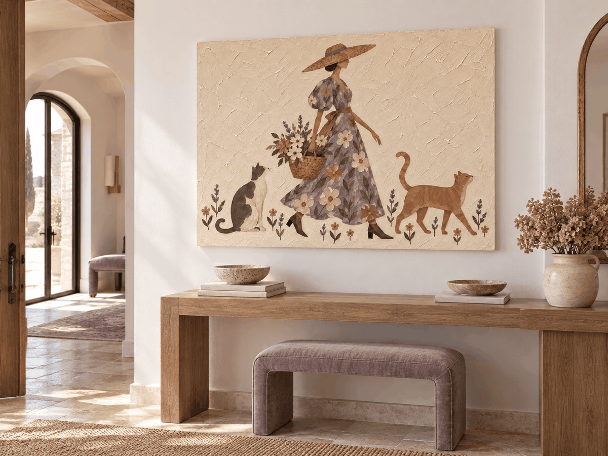 Hand-Painted Lady With Cats And Flowers Canvas Art In Beige And Purple