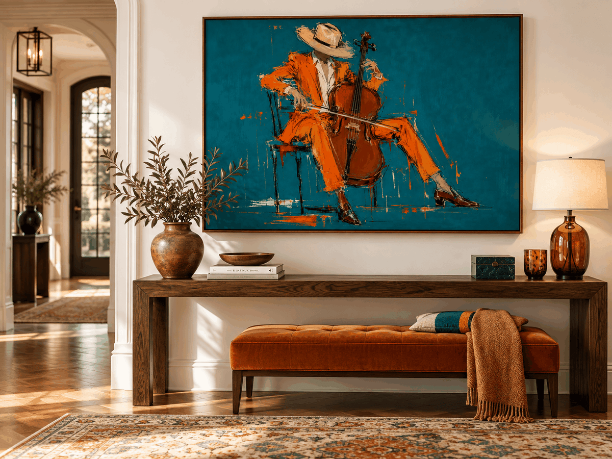 Hand-Painted Cellist In Orange Suit Modern Canvas Wall Art