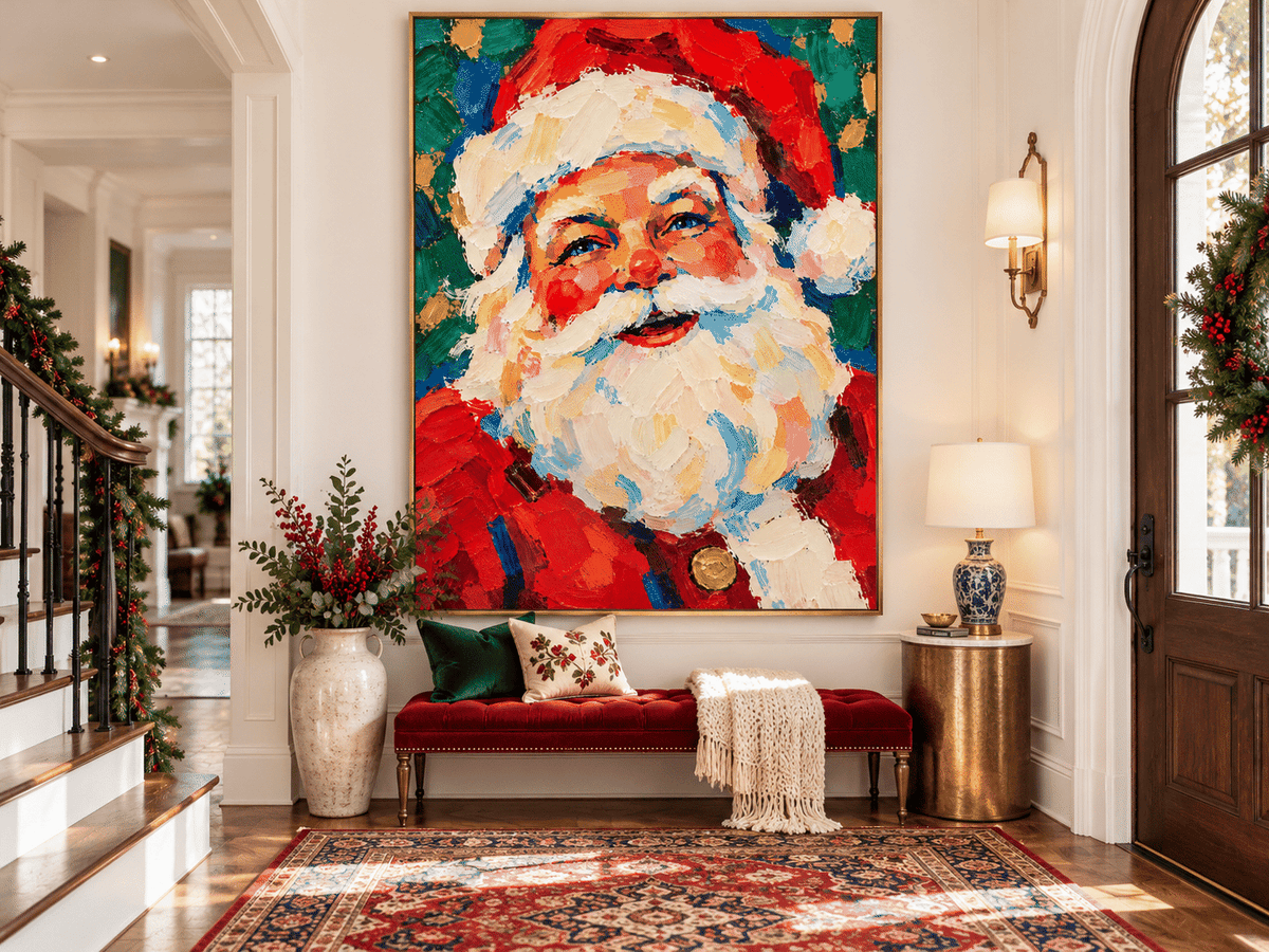 Modern Abstract Santa Painting In Retro Naive Art Style
